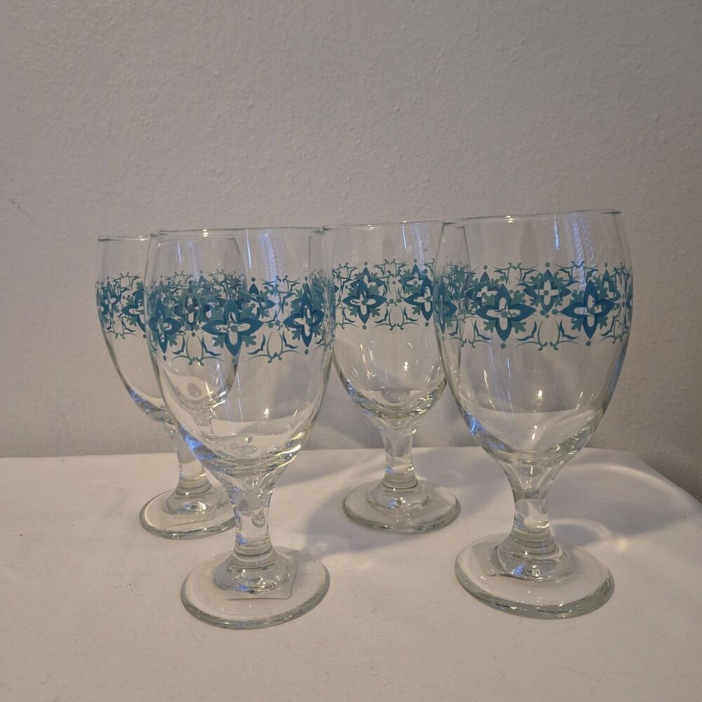 Set of 4 Greenbriar INT Footed Drinking Glasses Goblets Clear & Teal 7" NEW